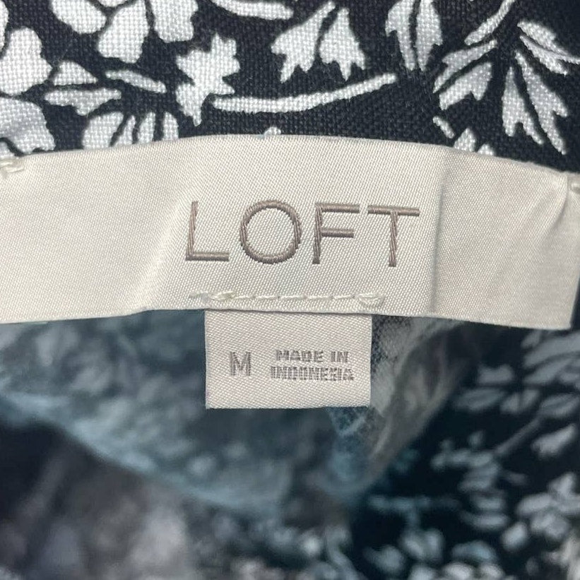 LOFT Womens Medium Sleeveless Black White Floral Linen Viscose Blend Dress