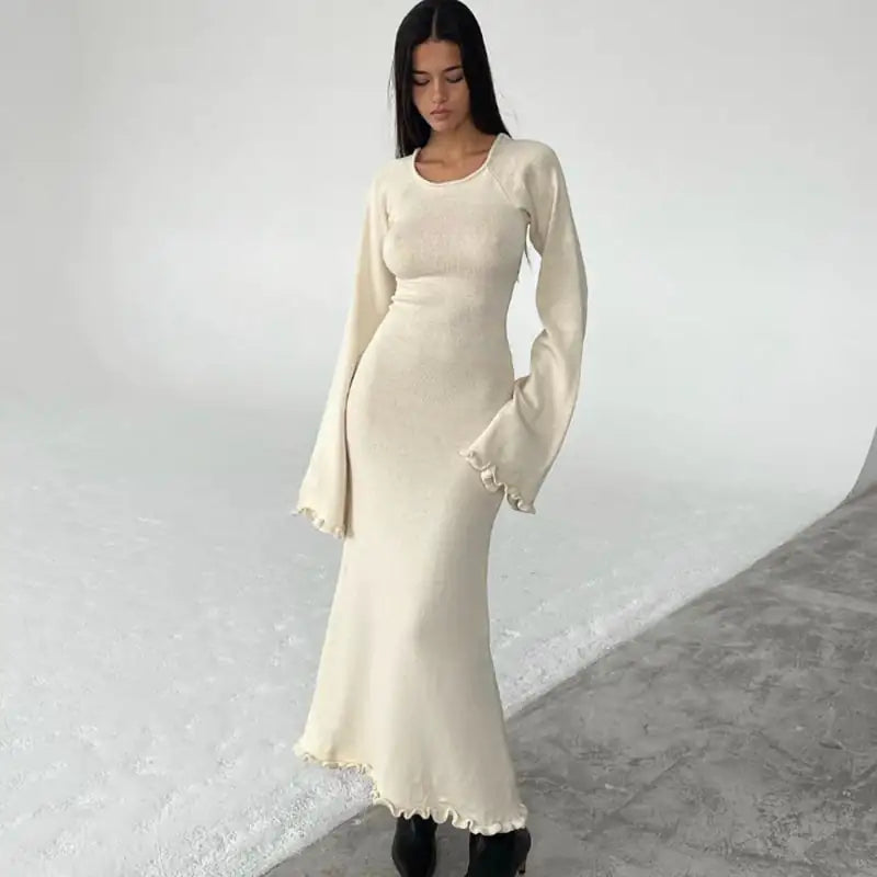 Solid Color Backless Knitted Long Dress for Women