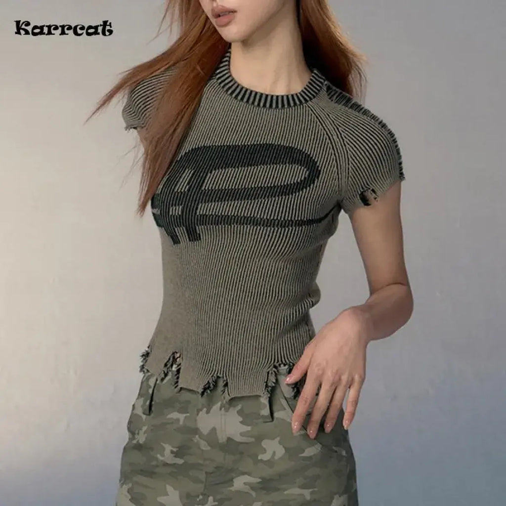 Vintage Distressed Knitted Top - Grunge Aesthetics Crop Tee